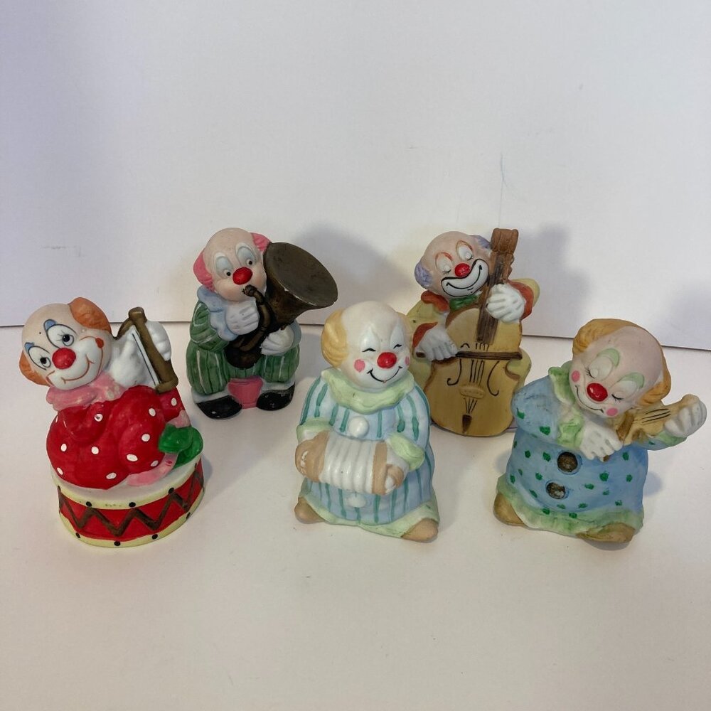 Vintage 1970s Jasco Bisque Porcelain Clown Musician Set of 5 Bell 4" Taiwan